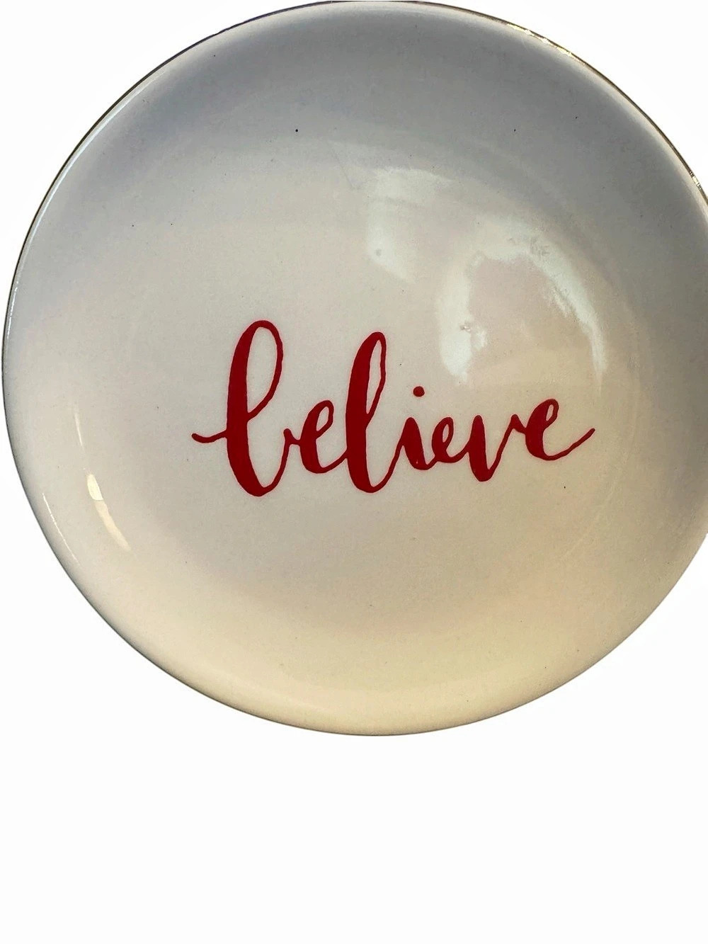 IQ Accessories Believe Trinket Dish White Red Gold Rim Dolomite